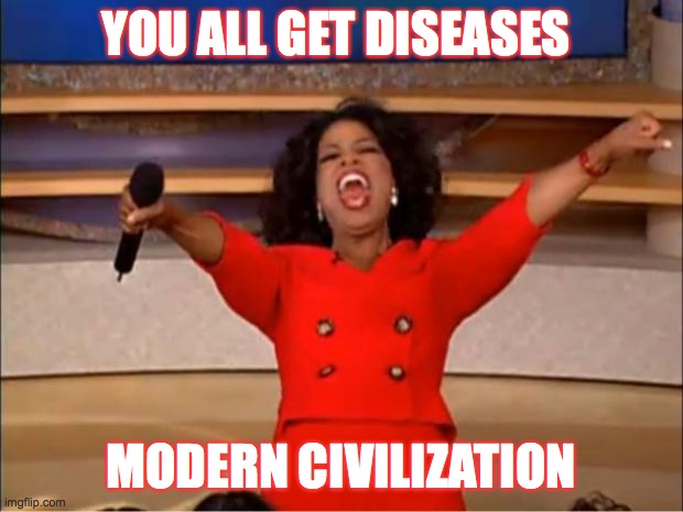 Diseases | YOU ALL GET DISEASES; MODERN CIVILIZATION | image tagged in memes,oprah you get a | made w/ Imgflip meme maker
