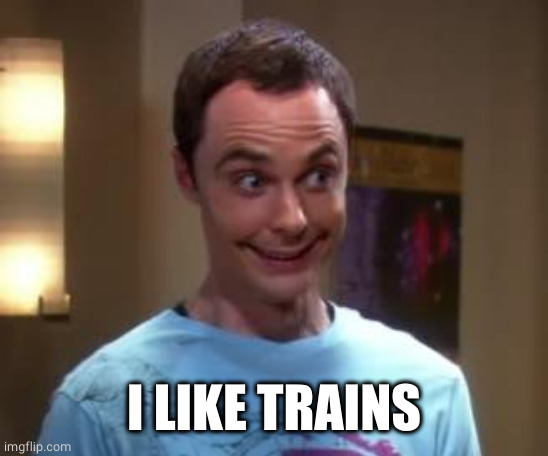 Sheldon Cooper smile | I LIKE TRAINS | image tagged in sheldon cooper smile | made w/ Imgflip meme maker