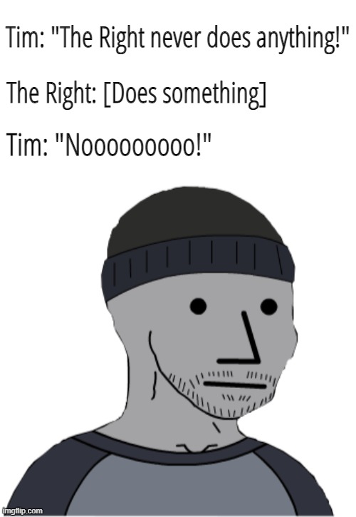 Why is he like this beaniebro's? | Tim: "The Right never does anything!"; The Right: [Does something]; Tim: "Nooooooooo!" | image tagged in tim pool | made w/ Imgflip meme maker