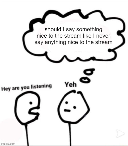 NO CUZ LETEM ME TELL YALL- | should I say something nice to the stream like I never say anything nice to the stream | image tagged in when you're not listening | made w/ Imgflip meme maker