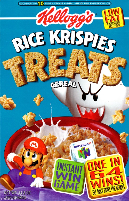 Rice Krispies Nintendo 64 cereal! | image tagged in rice krispies nintendo 64 cereal | made w/ Imgflip meme maker