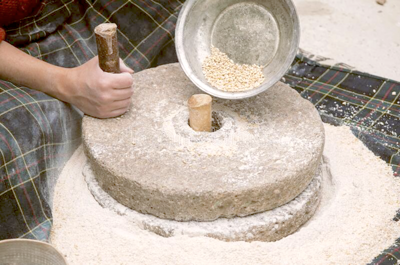 Close up of a hand-powered stone grist mill Blank Meme Template