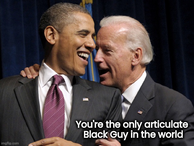 Obama & Biden laugh | You're the only articulate 
Black Guy in the world | image tagged in obama biden laugh | made w/ Imgflip meme maker