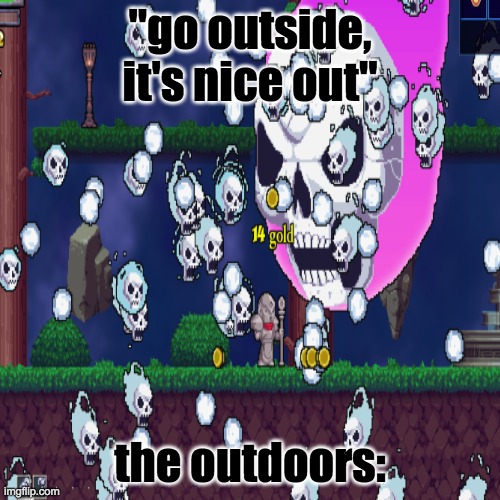 rogue legacy forest is identical to the outdoors irl | "go outside, it's nice out"; the outdoors: | image tagged in memes | made w/ Imgflip meme maker