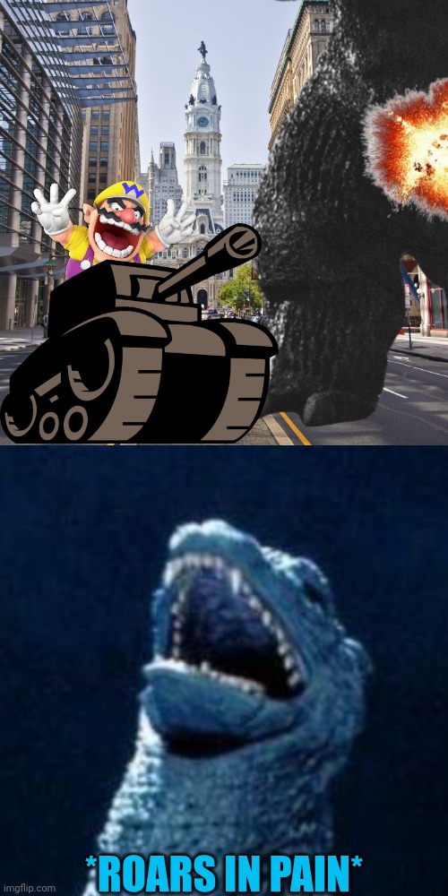 Wario shoots Godzilla in the nuts.mov | *ROARS IN PAIN* | image tagged in memes,funny,wario,godzilla,kaiju,stop reading the tags | made w/ Imgflip meme maker
