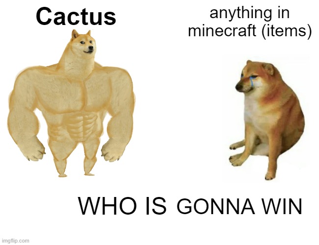 bassicaly... catcus win | Cactus; anything in minecraft (items); WHO IS; GONNA WIN | image tagged in memes,buff doge vs cheems,minecraft memes,minecraft,minecraft catcus | made w/ Imgflip meme maker