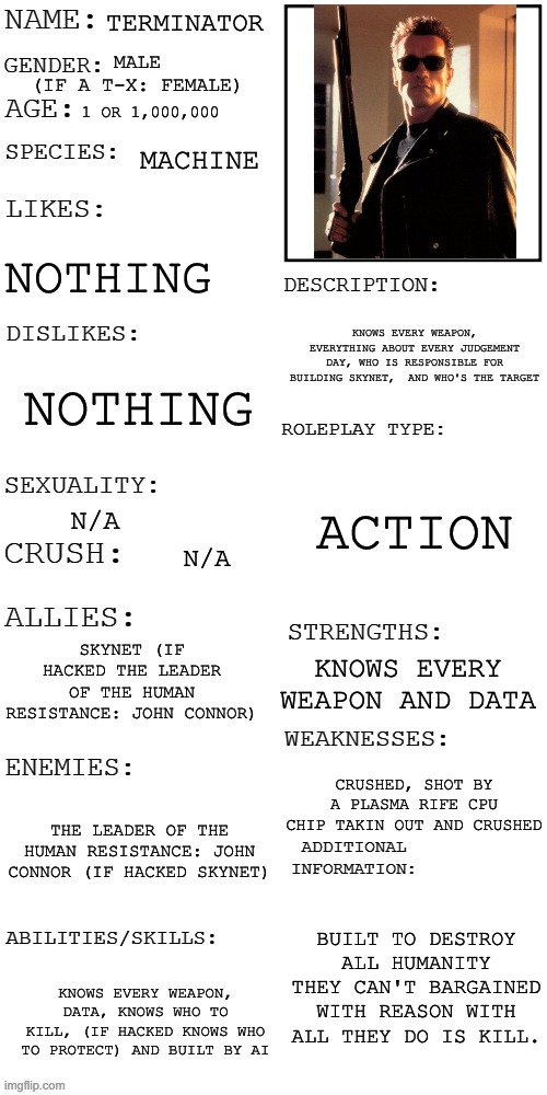 Terminator RP | TERMINATOR; MALE
(IF A T-X: FEMALE); 1 OR 1,000,000; MACHINE; NOTHING; KNOWS EVERY WEAPON, EVERYTHING ABOUT EVERY JUDGEMENT DAY, WHO IS RESPONSIBLE FOR BUILDING SKYNET,  AND WHO'S THE TARGET; NOTHING; ACTION; N/A; N/A; SKYNET (IF HACKED THE LEADER OF THE HUMAN RESISTANCE: JOHN CONNOR); KNOWS EVERY WEAPON AND DATA; CRUSHED, SHOT BY A PLASMA RIFE CPU CHIP TAKIN OUT AND CRUSHED; THE LEADER OF THE HUMAN RESISTANCE: JOHN CONNOR (IF HACKED SKYNET); BUILT TO DESTROY ALL HUMANITY THEY CAN'T BARGAINED WITH REASON WITH ALL THEY DO IS KILL. KNOWS EVERY WEAPON, DATA, KNOWS WHO TO KILL, (IF HACKED KNOWS WHO TO PROTECT) AND BUILT BY AI | image tagged in updated roleplay oc showcase,terminator | made w/ Imgflip meme maker