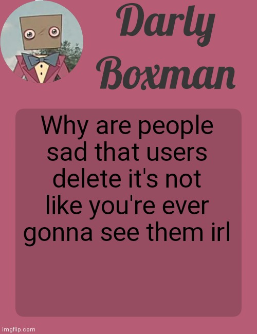 Darly Boxman temp | Why are people sad that users delete it's not like you're ever gonna see them irl | image tagged in darly boxman temp | made w/ Imgflip meme maker