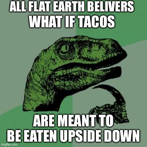 Philosoraptor Meme | ALL FLAT EARTH BELIEVERS; WHAT IF TACOS; ARE MEANT TO BE EATEN UPSIDE DOWN | image tagged in memes,philosoraptor | made w/ Imgflip meme maker
