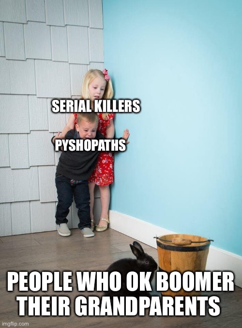 Kids Afraid of Rabbit | SERIAL KILLERS; PYSHOPATHS; PEOPLE WHO OK BOOMER THEIR GRANDPARENTS | image tagged in kids afraid of rabbit | made w/ Imgflip meme maker