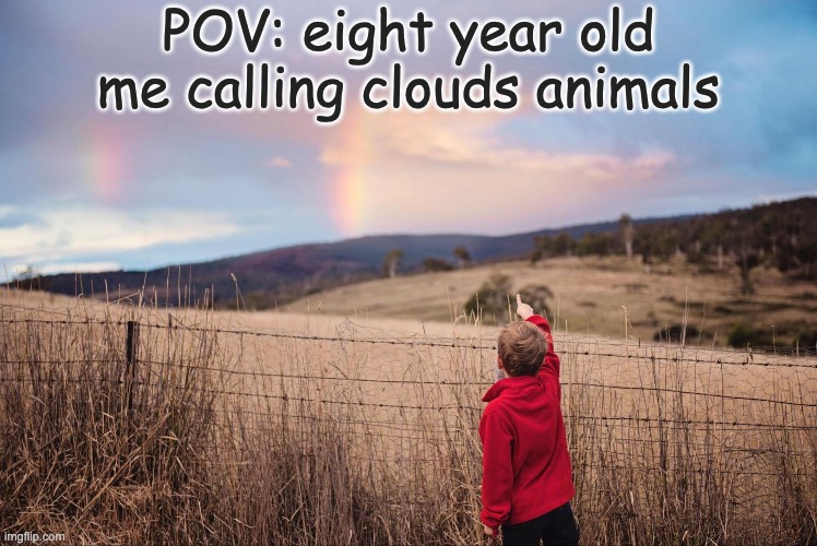 Calling clouds stuff | POV: eight year old me calling clouds animals | image tagged in memes,funny memes,clouds,childhood,so true memes | made w/ Imgflip meme maker