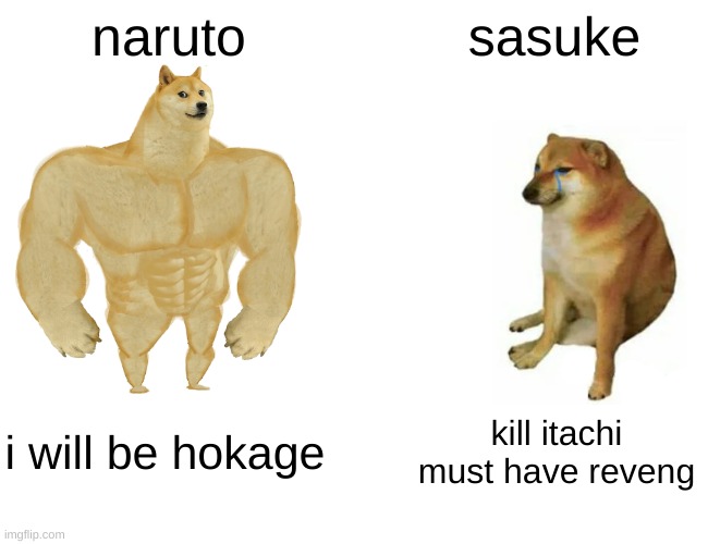 Buff Doge vs. Cheems |  naruto; sasuke; i will be hokage; kill itachi must have reveng | image tagged in memes,buff doge vs cheems,anime,naruto | made w/ Imgflip meme maker