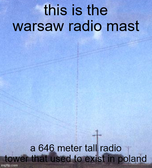 facts | this is the warsaw radio mast; a 646 meter tall radio tower that used to exist in poland | image tagged in warsaw radio mast | made w/ Imgflip meme maker