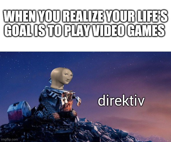 I now know what to do with my life! | WHEN YOU REALIZE YOUR LIFE'S GOAL IS TO PLAY VIDEO GAMES | image tagged in blank white template,meme man directive | made w/ Imgflip meme maker