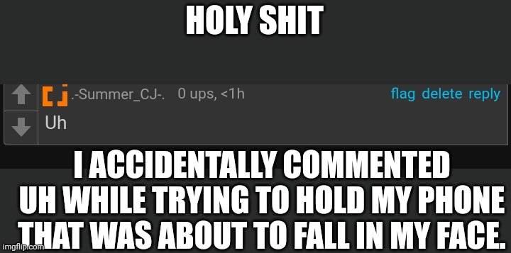 HOLY SHIT; I ACCIDENTALLY COMMENTED UH WHILE TRYING TO HOLD MY PHONE THAT WAS ABOUT TO FALL IN MY FACE. | made w/ Imgflip meme maker