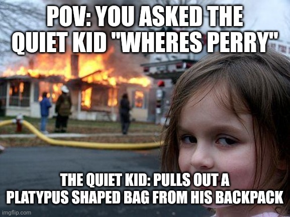 The Truth to Phineas and Ferb... | POV: YOU ASKED THE QUIET KID "WHERES PERRY"; THE QUIET KID: PULLS OUT A PLATYPUS SHAPED BAG FROM HIS BACKPACK | image tagged in memes,disaster girl | made w/ Imgflip meme maker