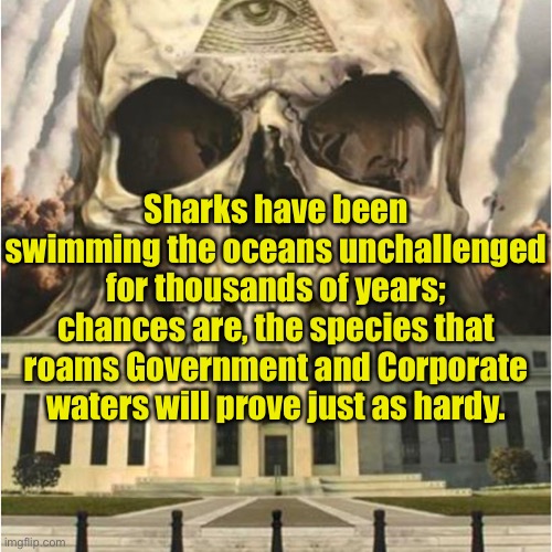 The deep state is real | Sharks have been swimming the oceans unchallenged for thousands of years; chances are, the species that roams Government and Corporate waters will prove just as hardy. | image tagged in the deep state is real,sharks,unchallenged,government,corporate | made w/ Imgflip meme maker
