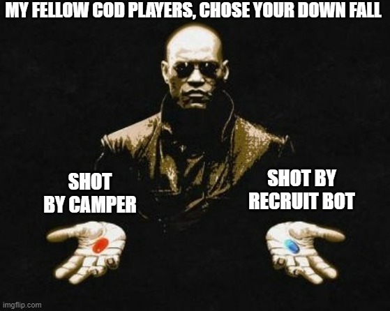 Choices | MY FELLOW COD PLAYERS, CHOSE YOUR DOWN FALL; SHOT BY CAMPER; SHOT BY RECRUIT BOT | image tagged in choices,embarrassing,you had one job,relatable,aw shit here we go again,fml | made w/ Imgflip meme maker