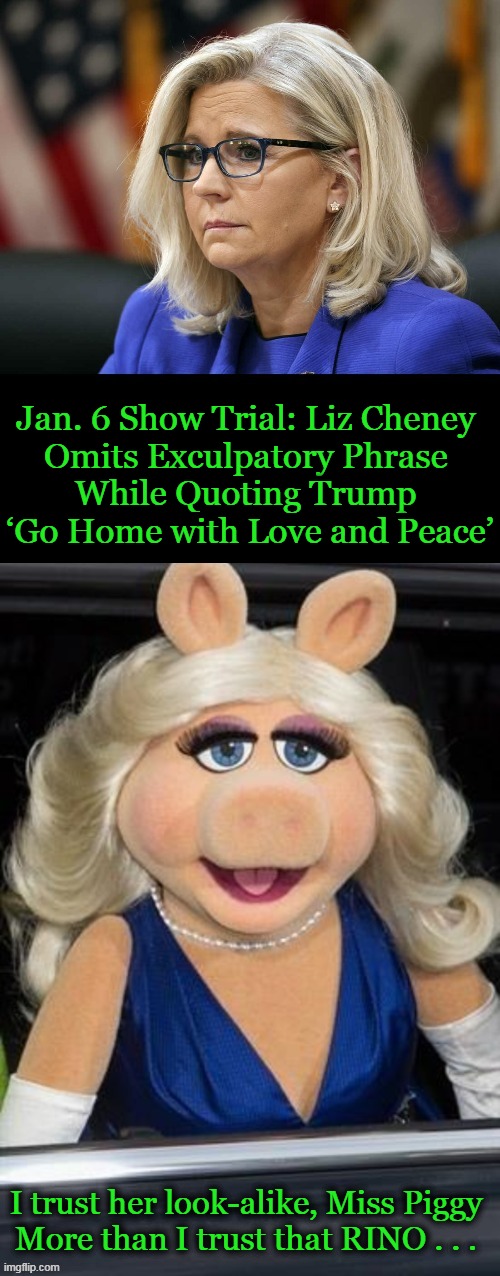Sham Show | Jan. 6 Show Trial: Liz Cheney 
Omits Exculpatory Phrase 
While Quoting Trump 
‘Go Home with Love and Peace’; I trust her look-alike, Miss Piggy 
More than I trust that RINO . . . | image tagged in politics,liz cheney,sham show,miss piggy,rino,democrats | made w/ Imgflip meme maker