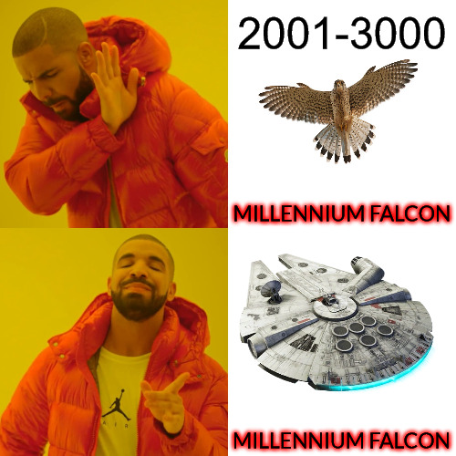 THE SAME | 2001-3000; MILLENNIUM FALCON; MILLENNIUM FALCON | image tagged in memes,drake hotline bling | made w/ Imgflip meme maker