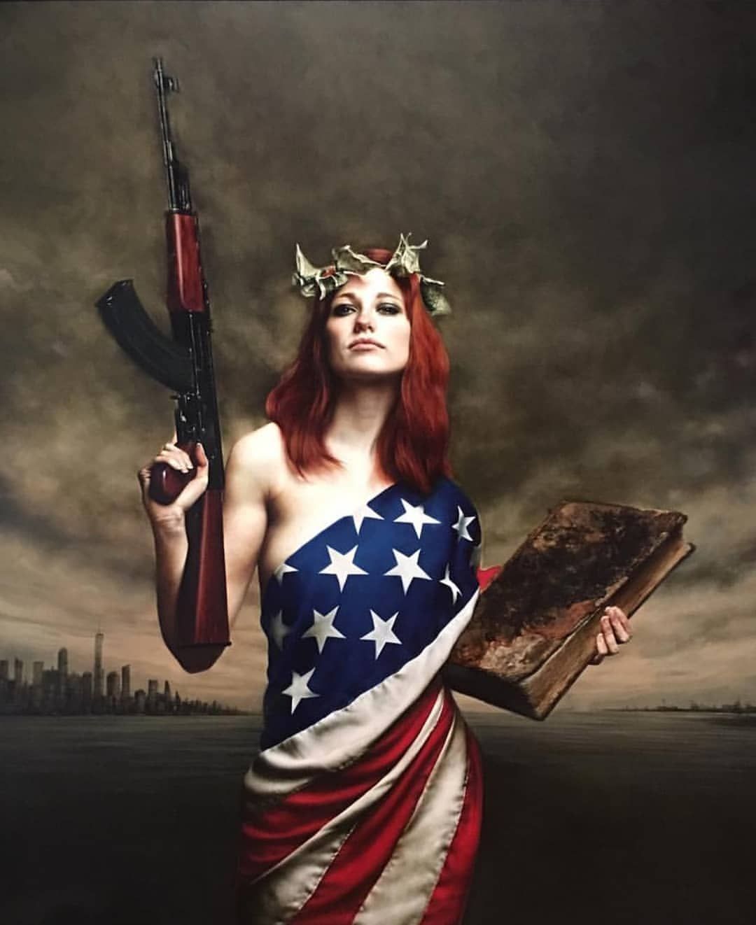 High Quality Woman, Flag, Book, Liberty, AK-47, AR, gun Blank Meme Template