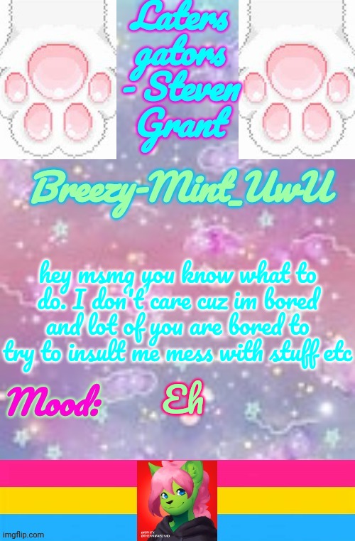Breezy-Mint | hey msmg you know what to do. I don't care cuz im bored and lot of you are bored to try to insult me mess with stuff etc; Eh | image tagged in breezy-mint | made w/ Imgflip meme maker