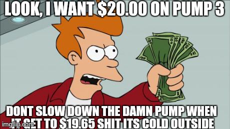 Shut Up And Take My Money Fry | LOOK, I WANT $20.00 ON PUMP 3 DONT SLOW DOWN THE DAMN PUMP WHEN IT GET TO $19.65 SHIT ITS COLD OUTSIDE | image tagged in memes,shut up and take my money fry | made w/ Imgflip meme maker