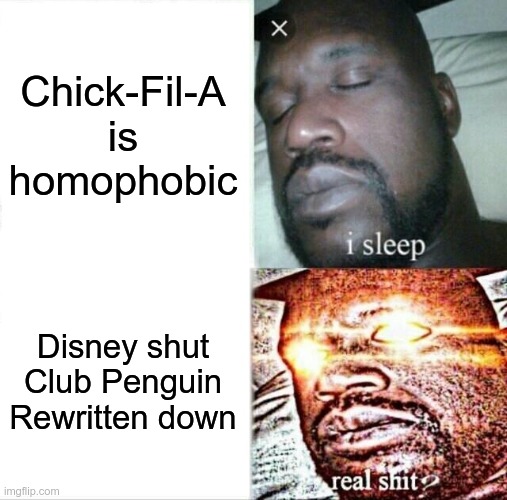 Disney's the real problem | Chick-Fil-A is homophobic; Disney shut Club Penguin Rewritten down | image tagged in memes,sleeping shaq | made w/ Imgflip meme maker