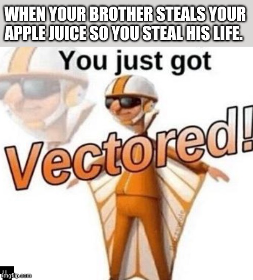 Apple juice is my life | WHEN YOUR BROTHER STEALS YOUR APPLE JUICE SO YOU STEAL HIS LIFE. | image tagged in you just got vectored | made w/ Imgflip meme maker