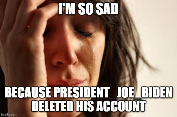 We were good friends. | I'M SO SAD; BECAUSE PRESIDENT_JOE_BIDEN DELETED HIS ACCOUNT | image tagged in memes,first world problems,president_joe_biden | made w/ Imgflip meme maker