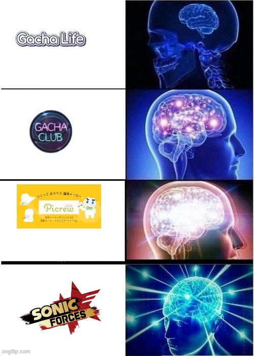 Expanding Brain (OC makers) | image tagged in memes,expanding brain,gacha life,gacha club,sonic forces,picrew | made w/ Imgflip meme maker