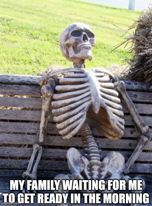 Waiting Skeleton Meme | MY FAMILY WAITING FOR ME TO GET READY IN THE MORNING | image tagged in memes,waiting skeleton | made w/ Imgflip meme maker