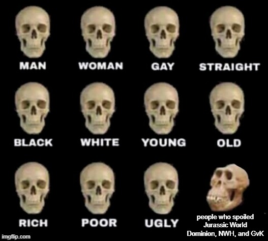 idiot skull | people who spoiled Jurassic World Dominion, NWH, and GvK | image tagged in idiot skull | made w/ Imgflip meme maker