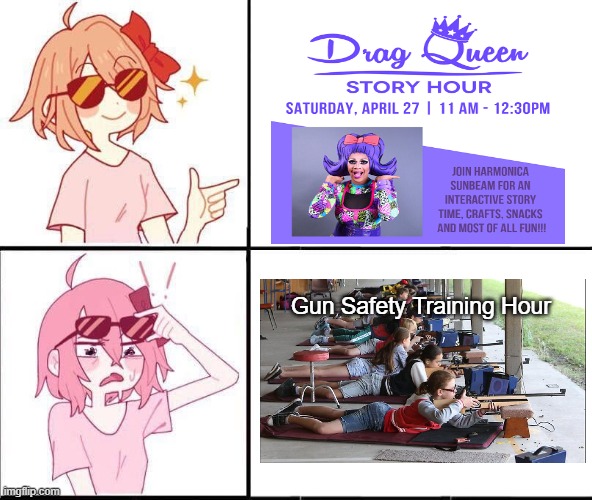 Now THAT'S progressive! | Gun Safety Training Hour | image tagged in trans girl drake happy disgust | made w/ Imgflip meme maker