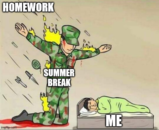 Im glad about summer break | HOMEWORK; SUMMER BREAK; ME | image tagged in soldier protecting sleeping child | made w/ Imgflip meme maker
