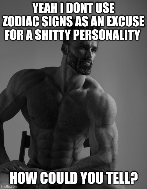Giga Chad | YEAH I DONT USE ZODIAC SIGNS AS AN EXCUSE FOR A SHITTY PERSONALITY; HOW COULD YOU TELL? | image tagged in giga chad | made w/ Imgflip meme maker