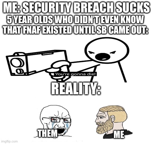 sb meme lol | ME: SECURITY BREACH SUCKS; 5 YEAR OLDS WHO DIDN’T EVEN KNOW THAT FNAF EXISTED UNTIL SB CAME OUT:; REALITY:; THEM; ME | image tagged in blank white template,fnaf security breach,fnaf | made w/ Imgflip meme maker