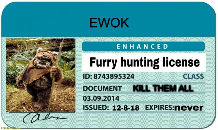 furry hunting license | EWOK; KILL THEM ALL | image tagged in furry hunting license | made w/ Imgflip meme maker