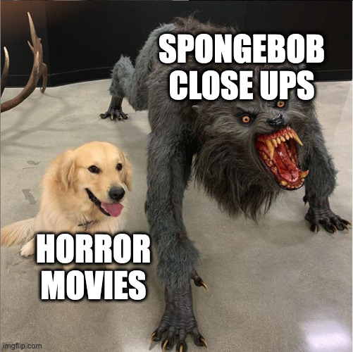 spungle bub | SPONGEBOB CLOSE UPS; HORROR MOVIES | image tagged in dog vs werewolf | made w/ Imgflip meme maker