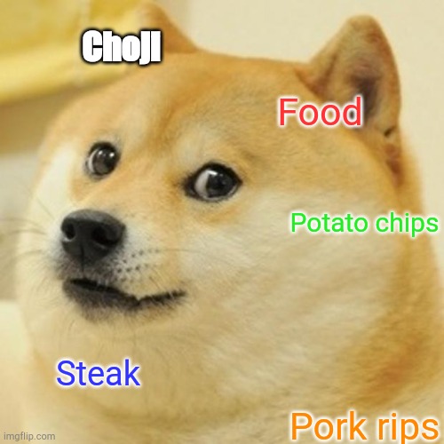 Doge | Choji; Food; Potato chips; Steak; Pork rips | image tagged in memes,doge | made w/ Imgflip meme maker