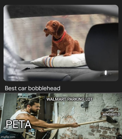 Bobblehead? | image tagged in peta,bobblehead,hammer,walmart,dog | made w/ Imgflip meme maker