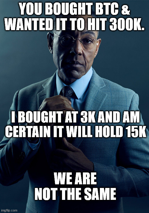 Gus Fring we are not the same | YOU BOUGHT BTC & WANTED IT TO HIT 300K. I BOUGHT AT 3K AND AM CERTAIN IT WILL HOLD 15K; WE ARE NOT THE SAME | image tagged in gus fring we are not the same | made w/ Imgflip meme maker