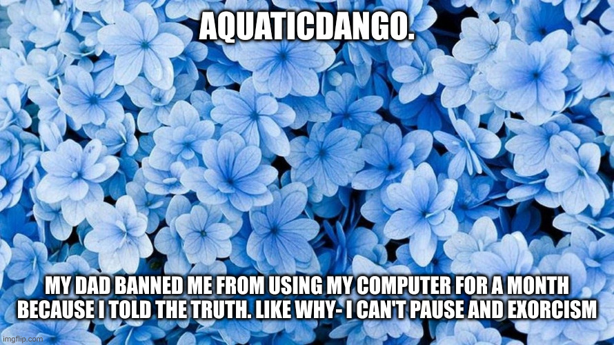 >:( this no joke happened | AQUATICDANGO. MY DAD BANNED ME FROM USING MY COMPUTER FOR A MONTH BECAUSE I TOLD THE TRUTH. LIKE WHY- I CAN'T PAUSE AND EXORCISM | image tagged in my announcement template | made w/ Imgflip meme maker
