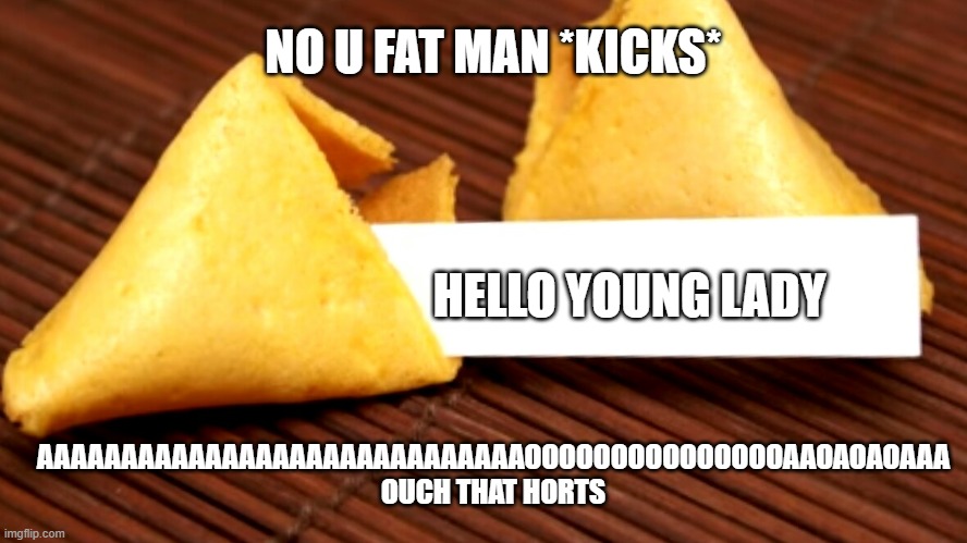 Fortune cookie  | NO U FAT MAN *KICKS*; HELLO YOUNG LADY; AAAAAAAAAAAAAAAAAAAAAAAAAAAAAOOOOOOOOOOOOOOOAAOAOAOAAA OUCH THAT HORTS | image tagged in fortune cookie,fat man meme,steve minecraft | made w/ Imgflip meme maker