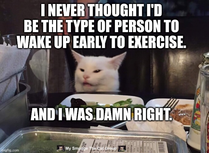 I NEVER THOUGHT I'D BE THE TYPE OF PERSON TO WAKE UP EARLY TO EXERCISE. AND I WAS DAMN RIGHT. | image tagged in smudge the cat | made w/ Imgflip meme maker