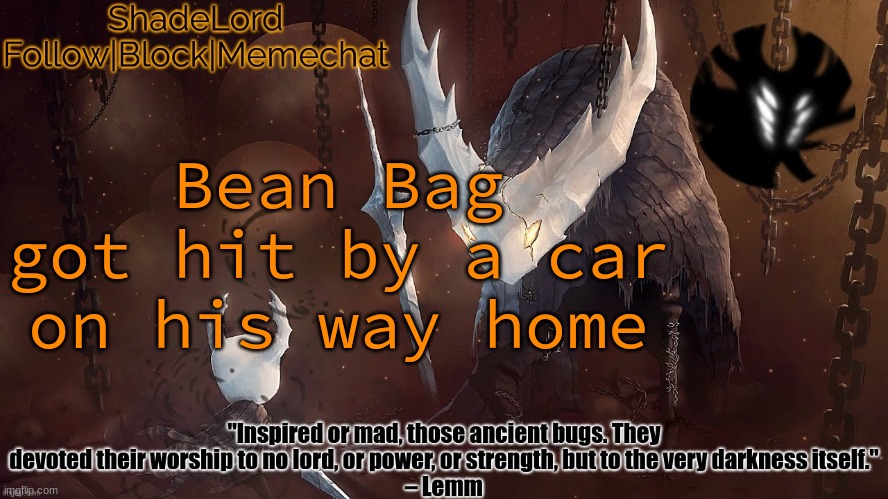 ShadeLord Announcement Template - The Hollow Knight | Bean Bag got hit by a car on his way home | image tagged in shadelord announcement template - the hollow knight | made w/ Imgflip meme maker