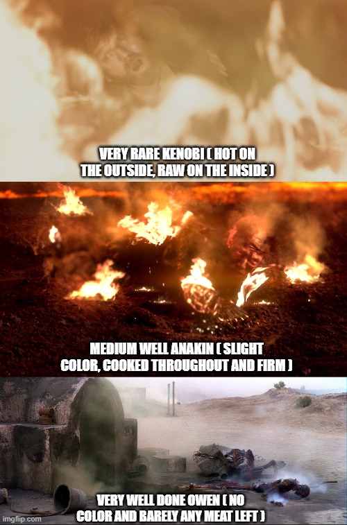 Degrees of meat doneness |  VERY RARE KENOBI ( HOT ON THE OUTSIDE, RAW ON THE INSIDE ); MEDIUM WELL ANAKIN ( SLIGHT COLOR, COOKED THROUGHOUT AND FIRM ); VERY WELL DONE OWEN ( NO COLOR AND BARELY ANY MEAT LEFT ) | image tagged in star wars,obi wan kenobi,anakin skywalker | made w/ Imgflip meme maker