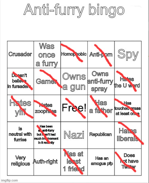 I was bored | image tagged in anti-furry bingo | made w/ Imgflip meme maker