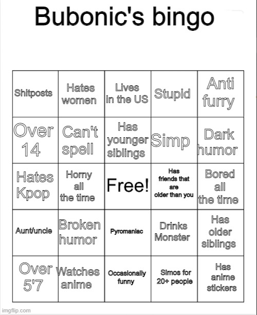 Blank Bingo | Bubonic's bingo; Lives in the US; Hates women; Anti furry; Shitposts; Stupid; Has younger siblings; Over 14; Dark humor; Simp; Can't spell; Has friends that are older than you; Hates Kpop; Bored all the time; Horny all the time; Aunt/uncle; Broken humor; Has older siblings; Drinks Monster; Pyromaniac; Watches anime; Has anime stickers; Over 5'7; Occasionally funny; Simos for 20+ people | image tagged in blank bingo | made w/ Imgflip meme maker