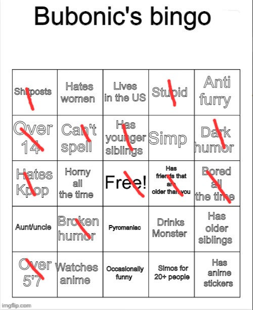 Bubonic's bingo | image tagged in bubonic's bingo,ew,mariothesnowflake,clown mario | made w/ Imgflip meme maker